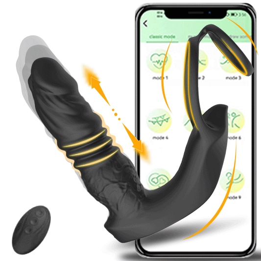 Male Anal Vibrator App Control 9 Vibrating Thrusting Dual Ring Dildo Shaped Prostate Massager
