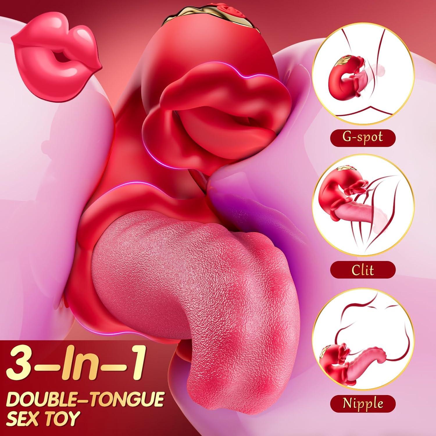 Women Rose Vibrator Realistic Tongue Vibrators 3-In-1 Clitoral & G-Spot Stimulator with 10 Licking Modes - propinkup