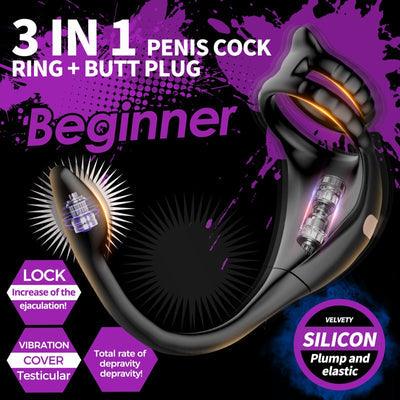 APP Control 3 en 1 Anillo de pene para pene con estimulaciones múltiples Butt Plug Vibrador de pene 