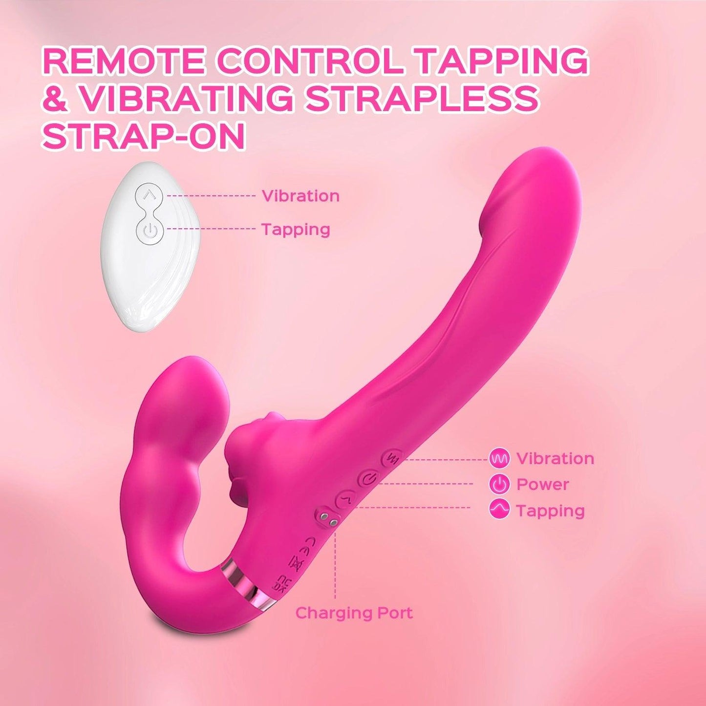 Remote Control Double-Ended Strap-On Dildo Bloom Tapping & Vibrating Strapless Vibrator for Lesbian - propinkup