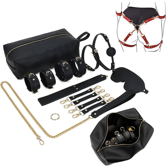 Genuine Leather Bondage Kits Sex Toys Sex Game for Couples Handcuff Ankle Cuffs Collar Gag Hogtie