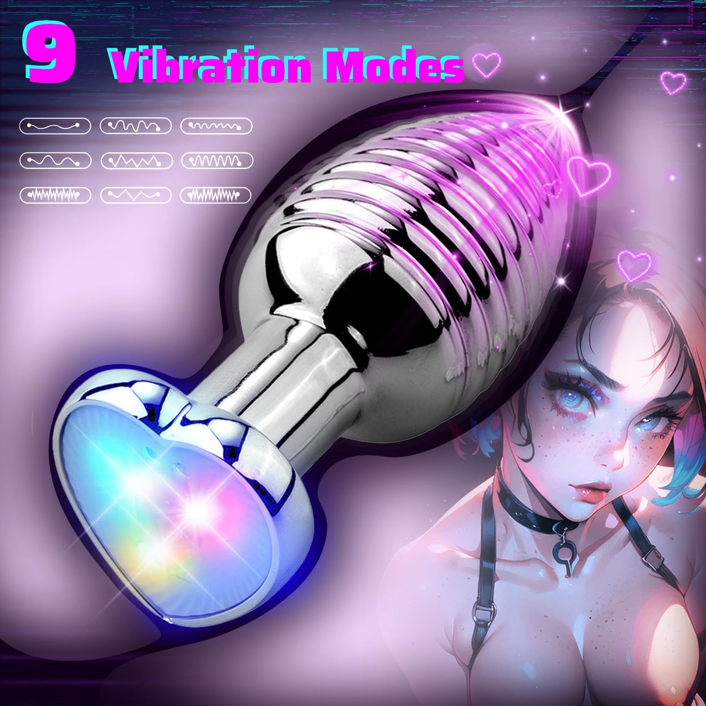 Heart Light Up  APP Control Anal Plug 9 Vibration Modes Stainless Steel Anal Vibrator