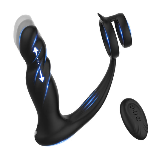 Thrusting Prostate Massager Remote Control Anal Vibrator Butt Plug with Dual Cock Ring