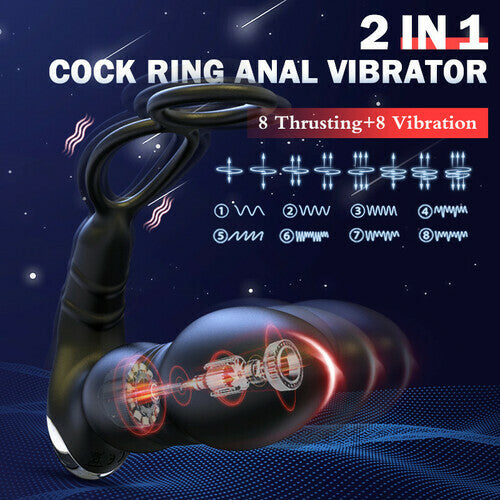 2 IN 1 Prostate Massager with 8 Thrusting 8 Vibration Modes Cock Ring Anal Vibrator